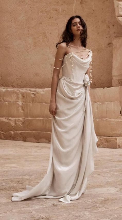 Greek Style Dress Wedding, Greek Style Wedding Dress Goddesses, Wedding Dress Greek Style Goddesses, Greek Goddess Inspired Prom Dress, Greek Inspired Dress Wedding, Met Gala Heavenly Bodies Aesthetic, Gemini Wedding Dress, Roman Inspired Wedding Dress, Greek Ball Gown