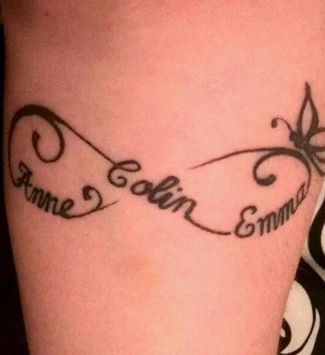 3 name infinity tattoo Tato Nama, Infinity Sign Tattoo, Name Tattoos For Moms, Kid Name Tattoo, Baby Name Tattoos, Tattoos With Kids Names, Mommy Tattoos, Mother Tattoos, Tattoo For Son