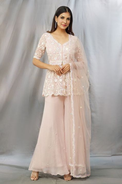 Indowestern Outfits Casual Women, Sharara Designs Simple, Long Skirt Top Designs, V Neck Kurta, Dress Designs For Stitching, Embroidered Sharara, Design Kurta, Sharara Designs, Indian Wedding Gowns