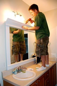 Large Bathroom Mirrors, Diy Trim, Mirror Frame Diy, Bathroom Mirror Frame, Bathroom Remodels, Liquid Nails, Bathroom Redo, Large Bathrooms, Framed Mirror