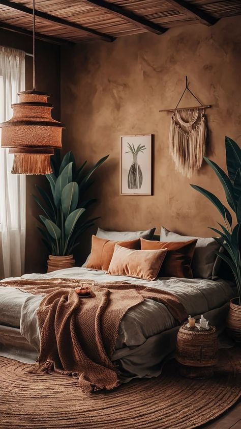 A hanging light in warm hues completes this nature-inspired boho haven. Desert Boho Decor Bedroom, Organic Boho Bedroom, Warm Boho Bedroom, Earthy Bedroom, Boho Style Bedroom, Organic Textures, Room Goals, Boho Bedding, Style Bedroom