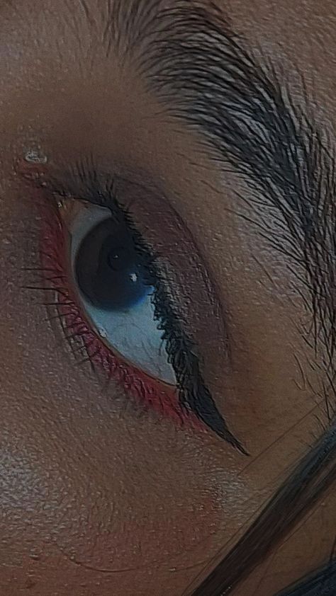 Indian skin tone, alternative/grunge red eye shadow under eye eyeliner Red Under Eyeliner, Red Under Eye Makeup Looks, Makeup On Indian Skin, Red Undereye Makeup, Eyeliner Under The Eye, Dark Red Eye Makeup, Red Under Eye Makeup, Indian Grunge, Under Eye Eyeshadow