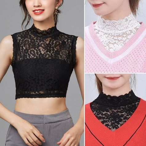 Mini Cape Womens Summer Spring Transparent Mesh Basic Long Sleeve Top Mock Neck Solid Color Embroidered Lace Check more at https://rawedat.com/false-collar-mini-cape-womens-summer-spring-transparent-mesh-basic-long-sleeve-top-mock-neck-solid-color-embroidered-lace/ Working Outfit, 70s Women Fashion, Fashion Hashtags, Collar Embroidery, False Collar, Neck Cover, Fast Fashion Brands, Lace Vest, Boots Women Fashion