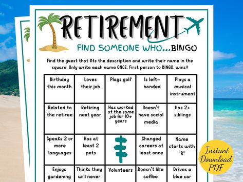 Retirement BINGO Game - Printable Retirement Work Party Game for Retiree, Coworker, Family, Office -  Find the Guest Bingo Printable Retirement Party Games, Work Party Games, Find The Guest Bingo, Guest Bingo, Find The Guest, Family Office, Bingo Printable, Game Prices, Game Printable