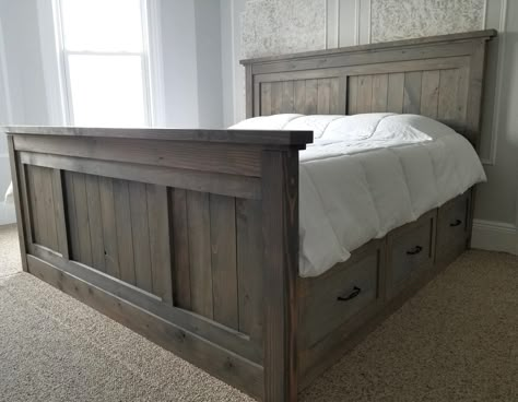 Diy King Size Bed Frame With Storage, Diy King Bed Frame With Storage, Master Bedrooms Beds, Farmhouse Storage Bed, King Farmhouse Bed, King Size Bed Frame Diy, Farmhouse Beds, Diy King Bed Frame, Diy King Bed