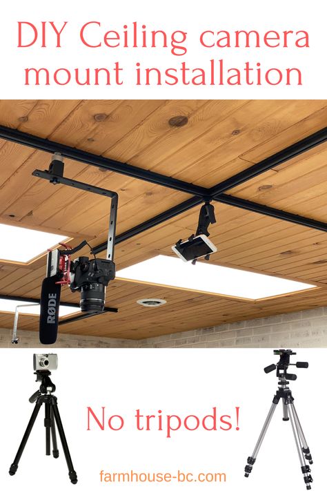 DIY camera mount ceiling track installation - Farmhouse Basic Collection. Tripod Organization, Photo Studio Design, Photography Studio Design, Audio Editing, Photography Studio Setup, Podcast Editing, Film Equipment, Home Studio Photography, Garage Studio