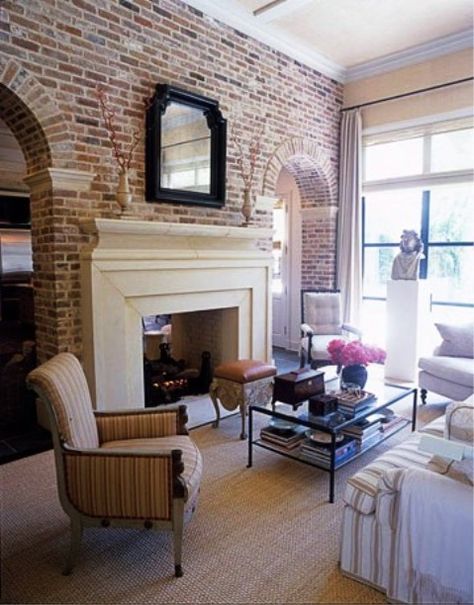 Exposed brick, arches, two-way fireplace. (Ciao! Newport Beach - http://ciaonewportbeach.blogspot.com/2012/08/expose-your-brick.html) Exposed Brick Interior, Amazing Apartments, Interior Brick, Brick Interior, Brick Arch, Double Sided Fireplace, A Brick Wall, Real Estat, Exposed Brick Walls