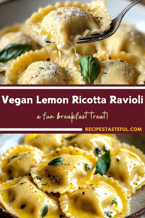 This **Vegan Lemon Ricotta Ravioli** is a delightful, plant-based twist on a classic favorite. The creamy almond or soy ricotta filling is infused with tangy lemon zest, creating a perfect balance of freshness and flavor. Topped with a rich, nutty brown butter sauce, and garnished with fragrant fresh sage and toasted walnuts, this elegant yet simple dish is perfect for both special occasions and everyday meals. Lemon Ricotta Ravioli, Ricotta Ravioli Recipe, Vegan Ravioli, Ricotta Filling, Ricotta Ravioli, Walnut Butter, Vegan Ricotta, Brown Butter Sauce, Fresh Sage