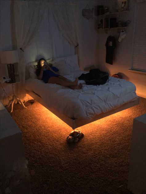 Led Lights Bedroom Aesthetic Under Bed, Led Lights Bedroom Under Bed, Led Lights Under Bed Aesthetic, Floating Bed Decor Ideas, Lights Under Bed Frame, Platform Bed Led Lights, Bed Frame Led Lights, Led Lights Around Bed Frame, Faux Floating Bed