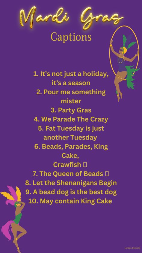 Mardi Gras Krewe Names, Mardi Gras Captions Instagram, Mardi Gras Captions, Mardi Gras Quotes, Mardi Gras Party Food, Mardi Gras Activities, Anniversary Quotes Funny, 21 Day Fix Diet, Mardi Gras Food