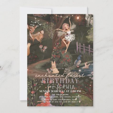 Enchanted Forest Woodland Animals Fairies Birthday Invitation  Zazzle Fairy Birthday Themes, Enchanted Forest Birthday, Woodland Animal Birthday, Rose Patterns, Forest Birthday, 2nd Birthday Invitations, Fairy Birthday, Bee Theme, Forest Fairy