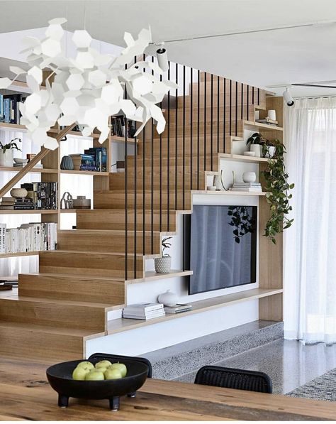 Living Room Under Stairs, Staircase In Living Room, Stairs Wall Decor, Room Under Stairs, تحت الدرج, Staircase Design Modern, Stairs Design Interior, Stairs In Living Room, Stairs Ideas