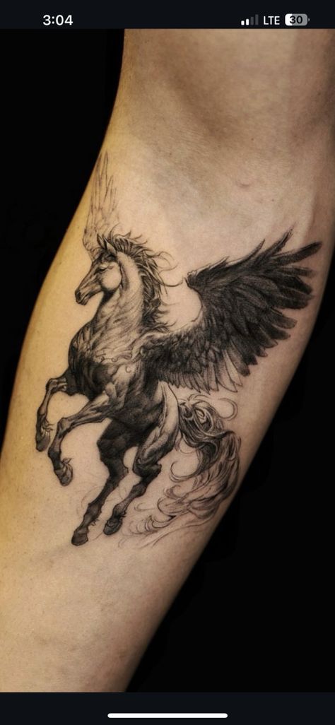 Black Pegasus Tattoo, Horse Leg Tattoo, Pegasus Tattoo Women, Pegasus Tattoo Design, Horse Tattoo Ideas, Pegasus Tattoo, 2024 Tattoo, Tattoo Ideas Men, Unicorn Tattoos