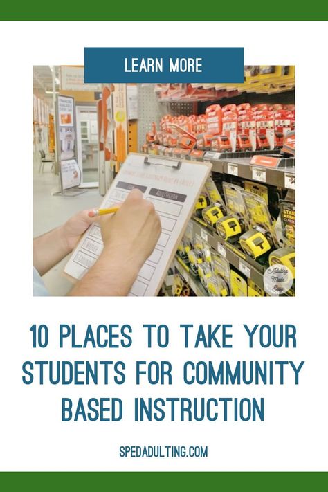 Community based instruction gives your special education students the opportunity to practice hands on life skills. If you teach an adult transition class or secondary special education, it is important to give your students the ability to practice independent living skills in your community. Here is a guide to how to prepare your students for community based instruction and ideas for CBI in your area. Many of these ideas come with lesson plans or activities you can use with your students. Special Education Adults, Community Outings Special Needs, Functional Living Skills Activities, Community Life Skills, Cbi Classroom Special Education, Transition Special Education, Transition Program Special Education, Work Based Learning Special Education, Transition Classroom Special Education