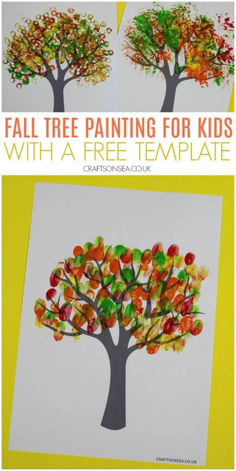 fall tree painting for kids with a free template #fallcrafts #kidscrafts Fall Tree Kindergarten, Fall Tree Ideas, Tree Painting Ideas, Painting A Tree, Autumn Tree Painting, October Preschool, Painting Ideas For Kids, Fall Tree Painting, October Art