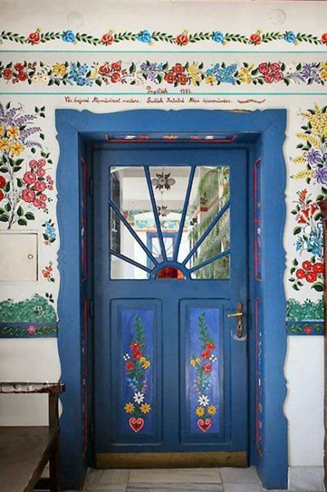 Folk House, Blue Door, Hungary, Flowers, Blue, White, Art