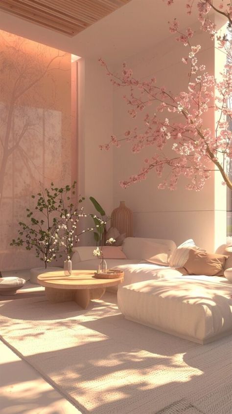 Cherry Blossom Living Room, Earthy Living Room Ideas, Cream Colored Sofa, Cherry Blossom Decor, Cozy Boho Living Room, Earthy Living Room, Walnut Furniture, Cozy Sofa, Beige Walls