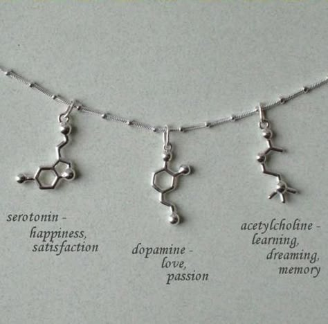 Hand-made sterling silver jewelry based on molecules, like serotonin, dopamine, and caffeine. Dna Necklace, Molecule Necklace, Mandala Tattoo Design, Biochemistry, Diy Schmuck, Accessories Jewelry, Bling Bling, Chemistry, Things I Want