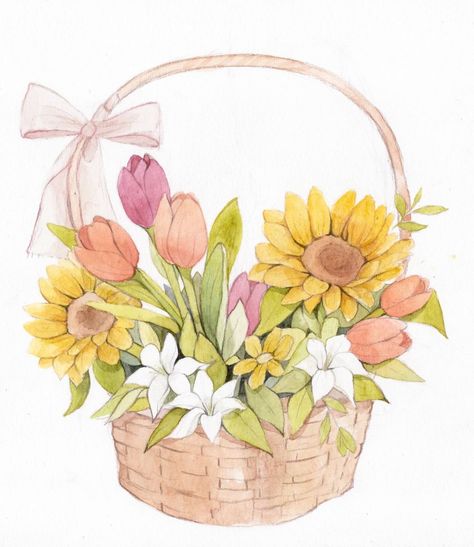 Flowers In A Basket Drawing, Flower Basket Illustration, Flower Basket Drawing, Flower Basket Painting, Spring Watercolor Painting, Cottage Bouquet, Flower Bouquet Illustration, Basket Painting, Basket Illustration