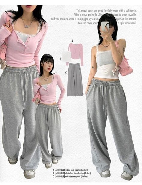 Ulzzang Sweatpants Outfit, Acubi Fit Ideas, Acubi And Coquette, Acubi Sweat Pants, Grey Tops Outfit, Acubi Coquette Fashion, Cute Acubi Outfits, Grey Top Outfit Ideas, Kpop Idol Outfits Casual