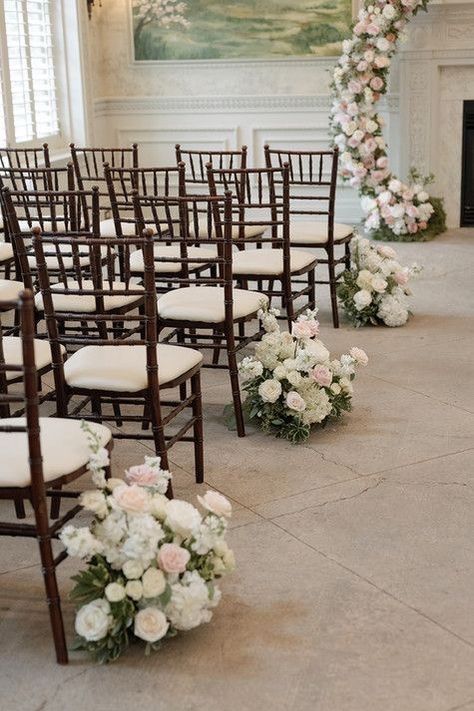 White Aisle Flowers, Church Wedding Decorations Aisle, Church Aisle Decorations, Wedding Church Aisle, Graydon Hall Manor, Rose Gold White Wedding, Sage Green Wedding Colors, Church Aisle, Nikah Decor