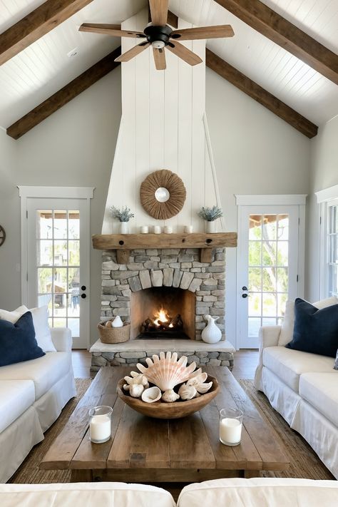 24 Stunning Beach House Living Room Ideas You’ll Want to Steal! – Cabin Nook Dark Wood Beach House, Beach House Living Room Ideas, Boho Beach Living Room, House Living Room Ideas, Beach House Decor Living Room, Cozy Beach Cottage, Dark Wood Trim, Beach Living Room, Beach House Living Room