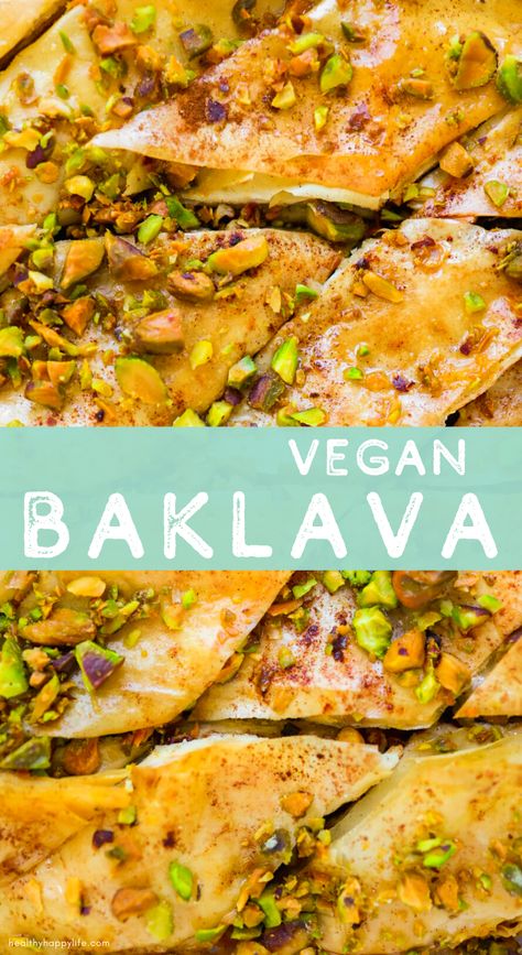 Simple Vegan Baklava Recipe - HealthyHappyLife.com Homemade Baklava Recipe, Vegan Baklava, Pita Sandwiches, Baklava Recipe, Vegan Substitutes, Vegan Condiments, Healthy Dessert Recipes, Baklava, Healthy Dessert