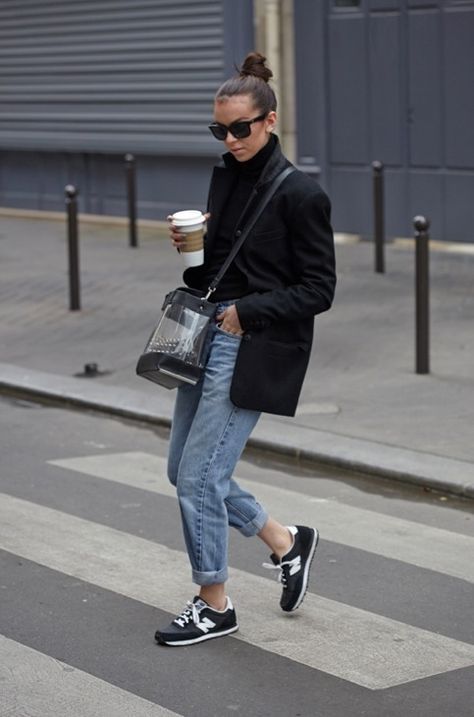 Shop this look on Lookastic:  http://lookastic.com/women/looks/sunglasses-coat-turtleneck-boyfriend-jeans-athletic-shoes-crossbody-bag/9414  — Black Sunglasses  — Black Coat  — Black Wool Turtleneck  — Light Blue Boyfriend Jeans  — Black and White Athletic Shoes  — Transparent Rubber Crossbody Bag Black Sport Shoes Outfit, Black Sports Shoes Outfit, Blue Jeans Sneakers Outfit, Trainers And Jeans Women Outfit, Black Athletic Shoes Outfit, Black And White Tennis Shoes Outfit, Blue Shoes Outfit Sneakers, Black Shoes Outfit Sneakers, Black Trainers Outfit Women