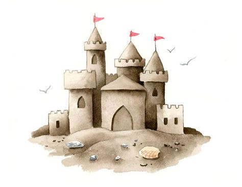 Sandcastle Drawing, Sand Castle Drawing, Beach Sand Castles, Castle Nursery, Nursery Painting, Castle Tattoo, Castle Illustration, Castle Drawing, Castle Painting