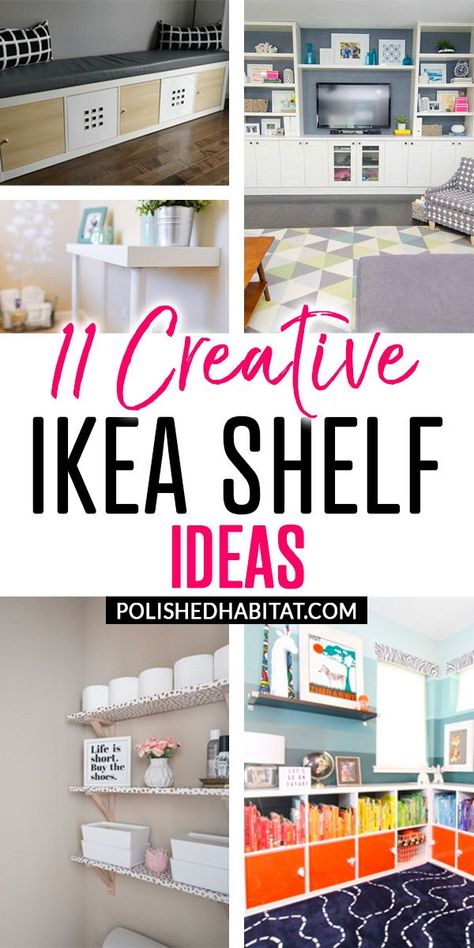 IKEA shelves are affordable, but sometimes boring. These easy IKEA shelf hacks will help you add stylish storage to better organize every room in your house...on a budget! Ikea High Shelves, Ikea Craft Room Wall Shelves, Ikea Wall Mounted Shelves, Kitchen Wall Storage Ideas Ikea Hacks Open Shelving, How To Add Storage To A House, Shelving Units Storage, Frebro Mirror Hack, Burhult Shelf Ideas, Ikea Shelving Hacks