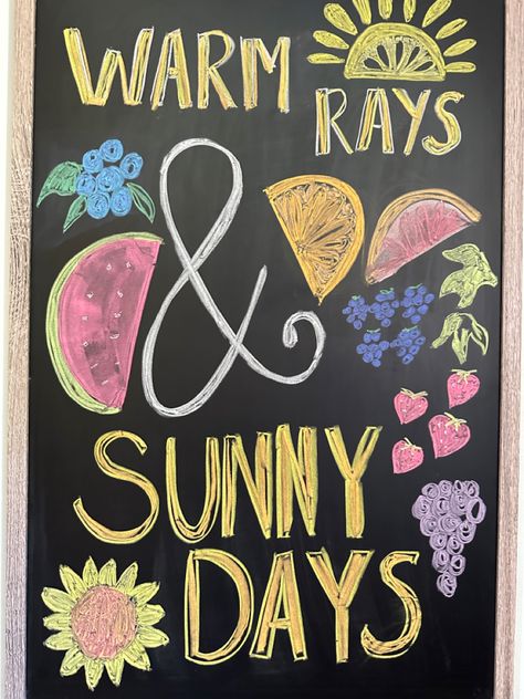 Summer fruit themed chalkboard Summer Restaurant Chalkboard, Chalk Board Quotes Ideas, Cute Summer Chalkboard Ideas, Summer Chalkboard Ideas Easy, June Chalkboard Calendar Ideas, May Chalkboard Calendar Ideas, Summer White Board Ideas, Blackboard Doodles, Summer Chalkboard Art Ideas