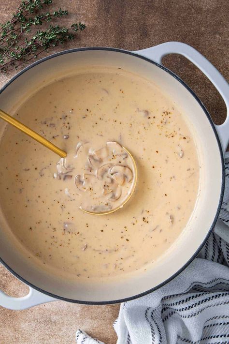 This EASY Homemade Cream of Mushroom Soup is so comforting, creamy and full of fresh mushrooms. Ready in just 30 minutes! Easy Cream Of Mushroom Soup, Homemade Mushroom Soup, Mushroom Cream Soup, Homemade Cream Of Mushroom Soup, Homemade Cream Of Mushroom, Creamy Mushroom Soup, Mushroom Soup Recipes, Homemade Soup Recipe, Cream Of Mushroom Soup