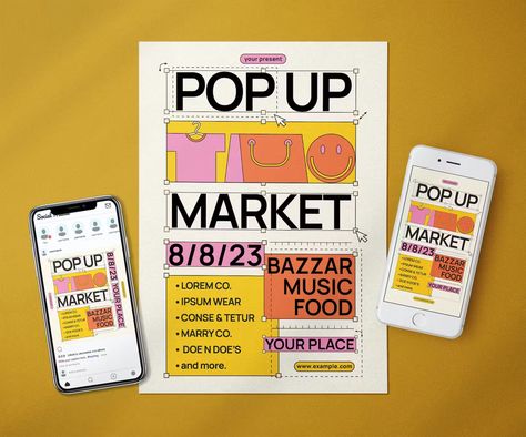 Pop Up Market Flyer Template AI, EPS, PSD + Instagram Post and Story Design Pop Up Shop Poster Design, Popup Poster Design, Pop Up Flyer Ideas, Pop Up Store Poster Design, Pop Up Graphic Design, Pop Up Branding, Pop Up Market Poster, Instagram Event Post, Pop Up Store Poster