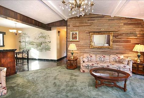 mid-century-stone-wall-vaulted-ceiling-wall-mural Storybook Ranch, Atomic Ranch House, 1960s Interior Design, Time Capsule House, 1960s Interior, Retro Homes, Capsule House, 60s Home, 70s Furniture