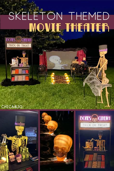 Skeleton Movie Theater Halloween Movie Craft, Trick Or Treat Trail Ideas, Outdoor Trick Or Treat Table, Skeleton Movie Theater, Movie Theater Halloween Theme, Movie Theater Trunk Or Treat Ideas, Camp Ground Halloween Decorations, Trick Or Treat House Ideas, Halloween Movie Theater