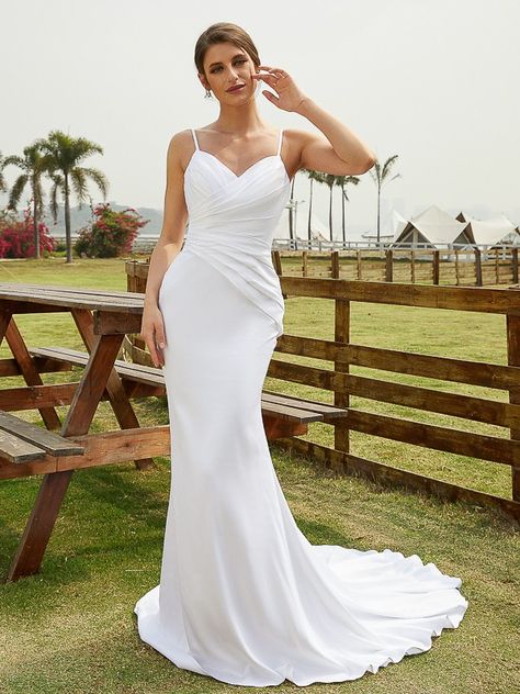 Sheath/Column Charmeuse Ruched V-neck Sleeveless Court Train Wedding Dresses(Detachable Train) Detachable Train Wedding Dress, Train Wedding Dresses, Court Train Wedding Dress, Detachable Train, Mother Wedding Dress, Wedding Dress Train, Guest Dress, White Wedding Dresses, Chic Dress