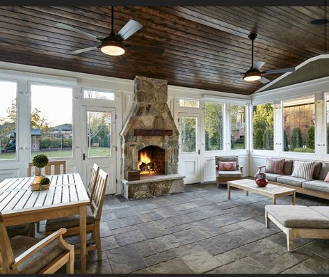 Craftsman Sunroom, Sunroom With Fireplace, Cottage Sunroom, Rustic Sunroom, Farmhouse Sunroom, Sunroom Remodel, Back Porch Designs, Rustic Craftsman, All Season Room