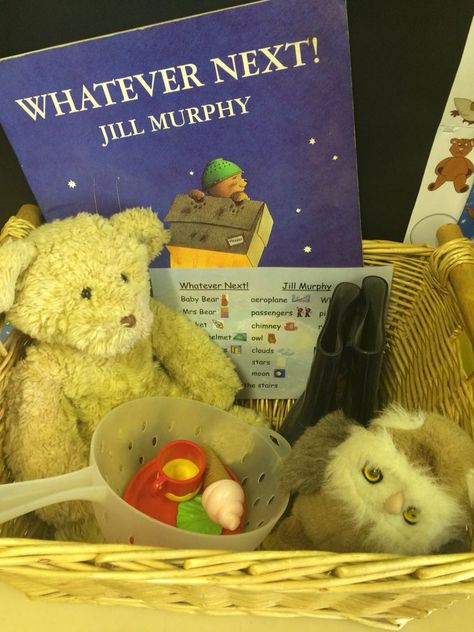 Eyfs Story Baskets, Whatever Next Story Activities Eyfs, Story Sack Ideas, Story Shelves, Eyfs Transport, Eyfs Space, Whatever Next, Story Bags, Story Boxes