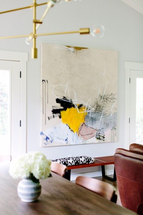 Living Room Big Art, Big Painting In Living Room, Large Scale Abstract Art, Abstract Art Interior Design, Painting In Dining Room, Big Art Pieces Living Room, Big Art Pieces, Interior Design Artwork, Large Contemporary Wall Art