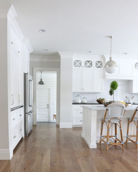 Studio Mcgee Kitchen, Island Kitchens, Double Island, Nest Ideas, Benjamin Moore Classic Gray, Bright Kitchen, Condo Ideas, Timeless Kitchen, Neutral Paint Colors