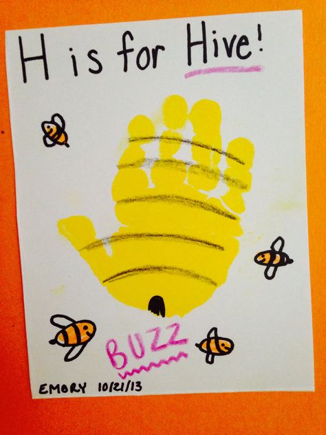 Infant Room: H is for Hive Handprint H Activities, Letter H Crafts, Letter H Activities, Preschool Letter Crafts, September Crafts, Abc Crafts, Preschool Projects, Toddler Arts And Crafts, Alphabet Crafts