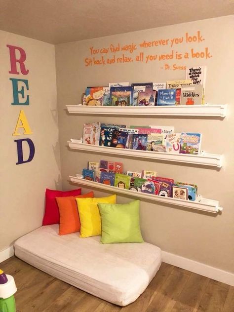 Boys Reading Corner, Reading Corner Kids Classroom, Corner Library Ideas, Kids Library Corner, Mini Library Room, Small Library Room Ideas Bookshelves, Children’s Reading Corner, Toddler Reading Corner Boys, Reading Book Kids Room