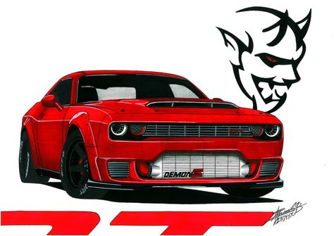 Doge Challenger, Srt Dodge, Demon Drawing, Dodge Mega Cab, Dodge Challenger Srt Demon, Cars Illustration, Auto Cartoon, Srt Demon, Dodge Demon