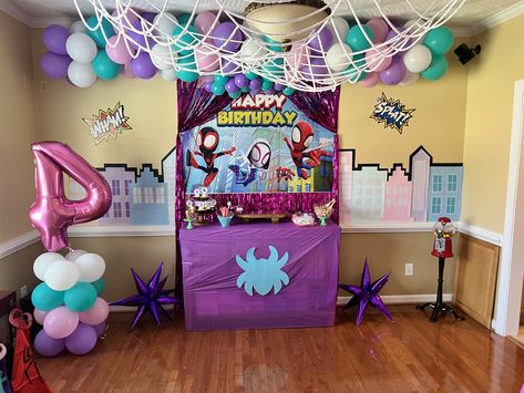 Ghost Spider 3rd Birthday, Spidey And Friends Trunk Or Treat, Ghost Spider Gwen Birthday Party, Gwen Stacy Birthday Party Ideas, Ghost Spider Decorations, Pink Spiderman Birthday Party, Spider Gwen Birthday Party Ideas, Girl Spider Man Birthday Party, Spidey Girls Party