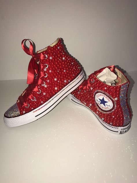 WOMEN's Red Bling Converse All Star Chuck Taylor Sneakers | Etsy Bedazzle Ideas, Prom Shoes Pumps, Bedazzled Converse, Rhinestone Converse, Red High Top Converse, Reception Shoes, Tenis Converse, Homecoming Shoes, Bling Converse