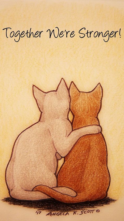 "Together We're Stronger!" Kittens or cats -my illustration with added text/ quote/ truism. :)  --cats, felines, kitties, kittens, words, art, drawn, furkid, pets, pet parent, cat mom, cat lover, hug, hold on, tails, back, behind, embrace, close, love, loving, sweet, cute, truism, united, love unites, unite, inspire, inspirational, inspiring, hope, family, friends, saying, quote, illustration, artwork, meme, wallpaper, zedge, AKS Creations. - What more to say other than we just LOVE cool stuff! Cats And Kittens Drawings, Friends Hugging Drawing, Two Cats Together Drawing, 2 Cats Drawing, Two Cats Illustration, Cat Lover Drawing, Cat Family Drawing, Two Cats Drawing Friends, Cat Drawing From Behind