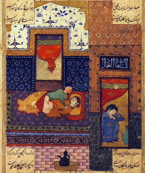 1494-95 The consummation of the marriage of Khosrow and Shirin. Book Title: Khosrow and Shirin from the Khamsa of Nizami Creation place: Iran. 15th century Painting Manuscript Painting Court: Shiraz School: Turkman State/Province: Fars Province Opaque watercolor and gold on paper.17.78 x 11.11 cm San Diego Museum of Art, San Diego, California Accession Number: 2006.216 Khosrow And Shirin, Reza Abbasi, 15th Century Paintings, Persian Miniatures, Opaque Watercolor, Rajasthani Painting, Folk Illustration, Iran Pictures, Century Painting