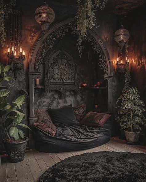 Whimsigothic Interior Design, Witch Home Interior, Witch Room Aesthetic Bedroom, Dark Forest Room Aesthetic, Goth Witch Bedroom, Forest Home Interior, Gothic House Ideas, Bedroom Witchy, Goth Forest