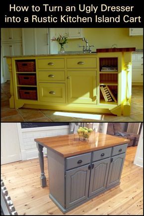 Diy Kitchen Cart, Dresser Kitchen Island, Unique Kitchen Design, Ikea Kitchen Island, Countertop Ideas, Kitchen Updates, Island Cart, Rustic Kitchen Island, Kitchen Island Table