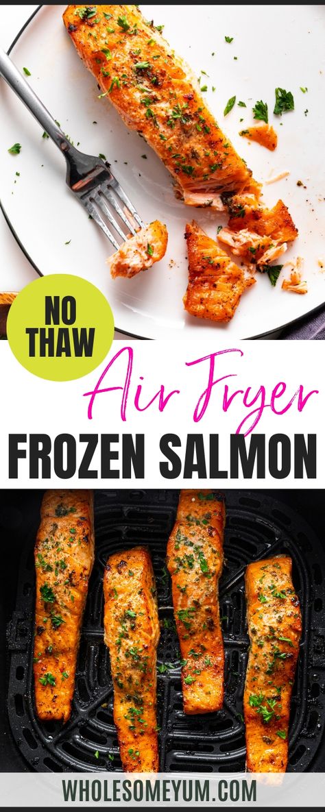 Frozen Salmon In The Air FryerShrimp In The Air Fryer Air Fryer Sirloin Steak Cod In The Air Fryer Air Fryer Boneless Chicken Thighs  - My 10-minute air fryer salmon recipe is probably my favorite way to cook this fish, but one night, I realized my fillets were frozen. We’ve all been there, right? Turns out, cooking frozen salmon in the air fryer works great, with a little trick I’ve learned. It’s the same method I use for air fryer frozen chicken wings: Start out low, then season and crank up t Salmon In The Air Fryer, Fried Salmon Recipes, Salmon Dinners, Season Salmon, Healthy Salmon Dinner, Baked Fish Fillet, Air Fryer Salmon, Salmon Bites, Organic Cooking